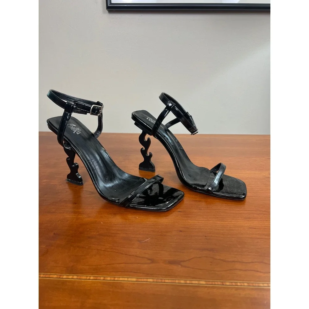 Adika Black Patent Flame Sculptural Heel Square Toe Ankle Strap Sandals Size 7